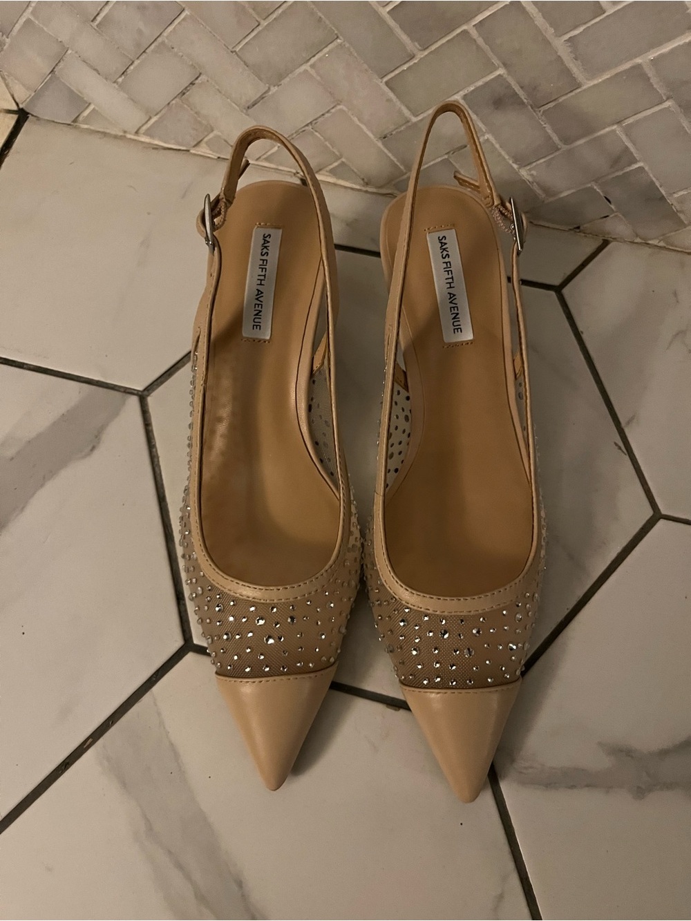 Saks Fifth Avenue Beige Pointed-Toe Slingback Pumps with Crystal Studs